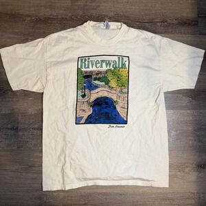 Vintage Hanes Heavyweight San Antonio Riverwalk Graphic T-Shirt Cream XL 90s